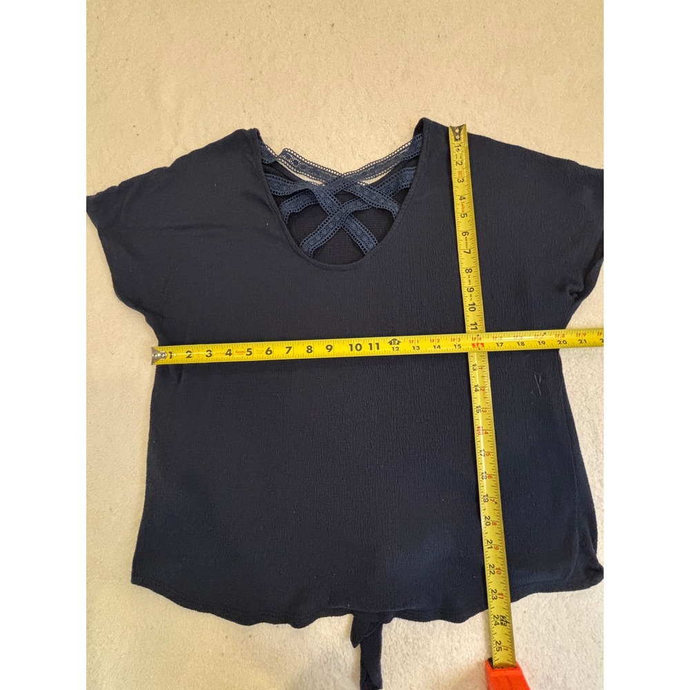 A. Byer Girls Navy Blue Lattice Back Lace Front Tie Knot Short Sleeve Top Size L